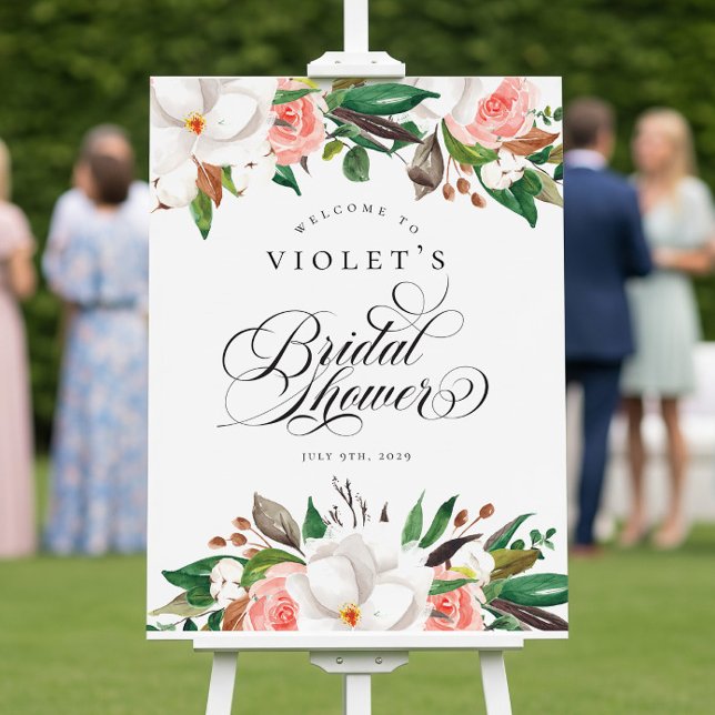 Floral Green White Pink Bridal Shower Welcome Sign (Creator Uploaded)