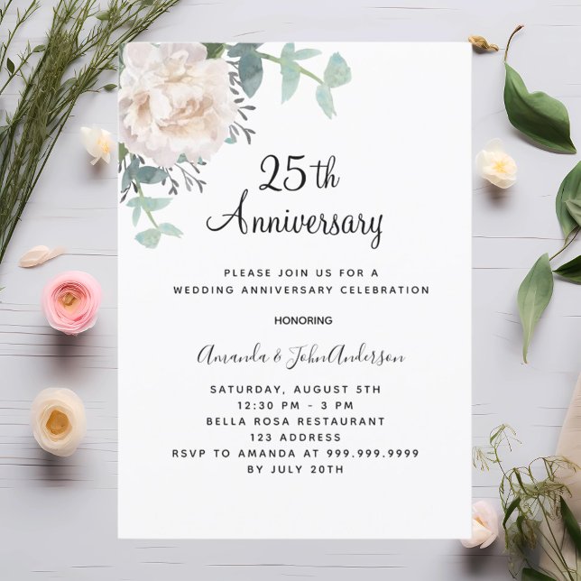 Floral greenery 25th wedding anniversary invitation (Creator Uploaded)