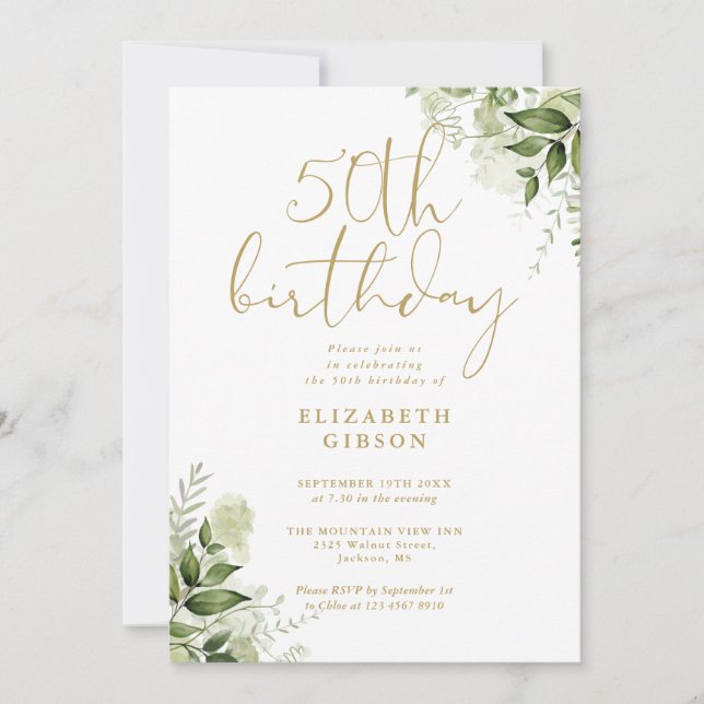 Floral Greenery 50th Birthday Party Invitation (Front)