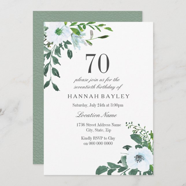 Floral Greenery 70th Birthday Party Invitation (Front/Back)