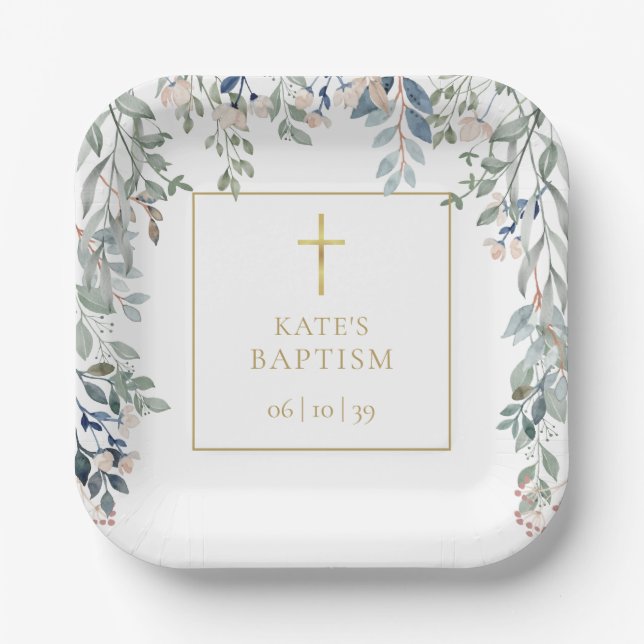 Floral Greenery Baptism Christening Paper Plate (Front)