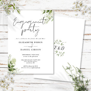 Floral Greenery Black And White Engagement Party Invitation