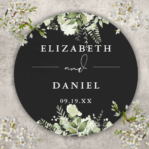 Floral Greenery Black And White Wedding Favour Classic Round Sticker