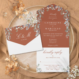 Floral Greenery Cascade Terracotta Wedding All In One Invitation