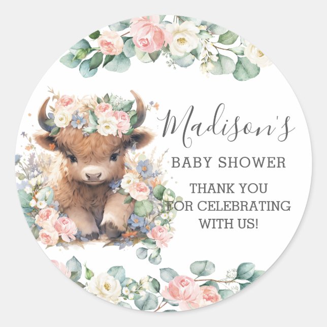 Floral Greenery Cute Highland Cow Thank You Favour Classic Round Sticker (Front)