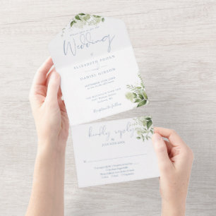 Floral Greenery Dusty Blue Monogram Wedding All In One Invitation