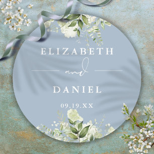 Floral Greenery Dusty Blue Wedding Favour Classic Round Sticker