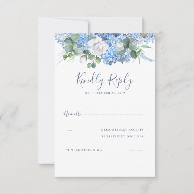 Floral Greenery Dusty Blue Wedding RSVP Card (Front)