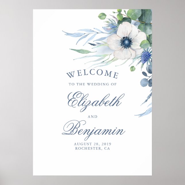 Floral Greenery Dusty Blue Wedding Welcome Sign (Front)