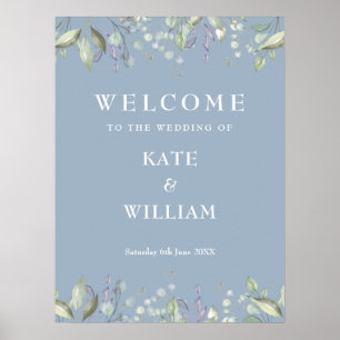 Floral Greenery Dusty Blue Wedding Welcome Sign