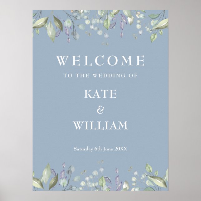 Floral Greenery Dusty Blue Wedding Welcome Sign (Front)