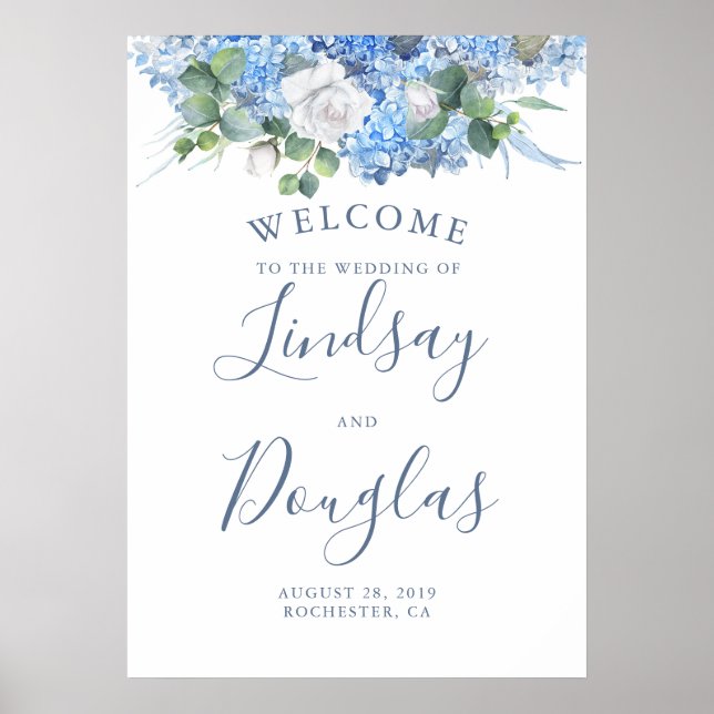 Floral Greenery Dusty Blue Wedding Welcome Sign (Front)