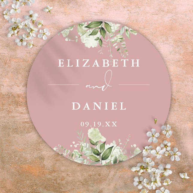 Floral Greenery Dusty Rose Wedding Favour Classic Round Sticker (Floral Greenery Dusty Rose Wedding Favor Classic Round Sticker)