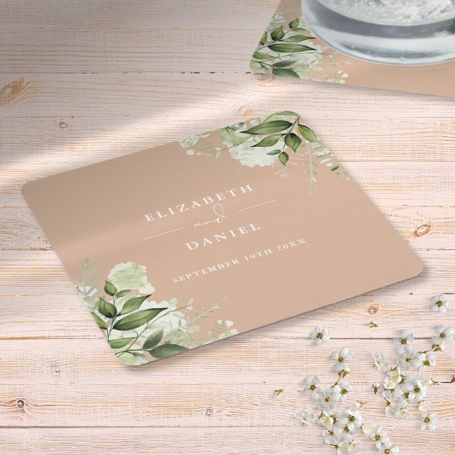 Floral Greenery Elegant Tan Wedding Square Paper Coaster (Floral Greenery Elegant Tan Wedding Square Paper Coaster)