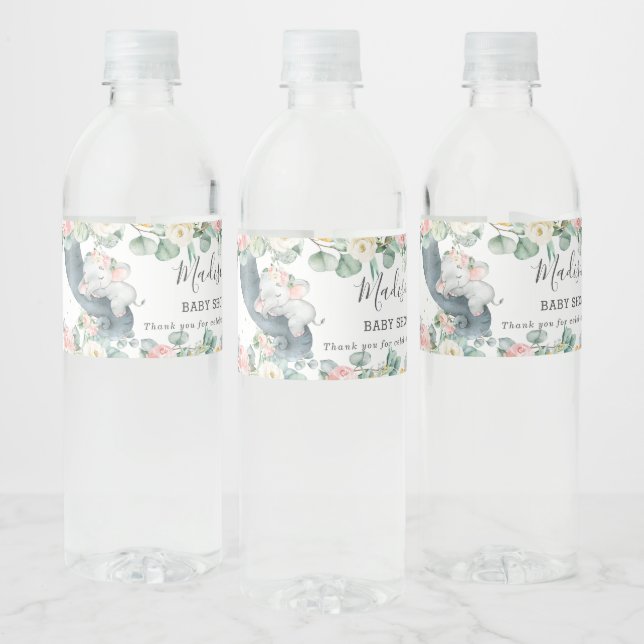 Floral Greenery Elephant Girl Baby Shower Favour  Water Bottle Label (Bottles)