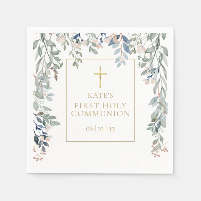 Floral Greenery First Holy Communion Napkin (Front)