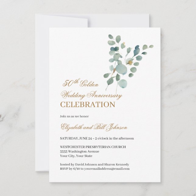 Floral Greenery Gold 50th Wedding Anniversary Invitation (Front)