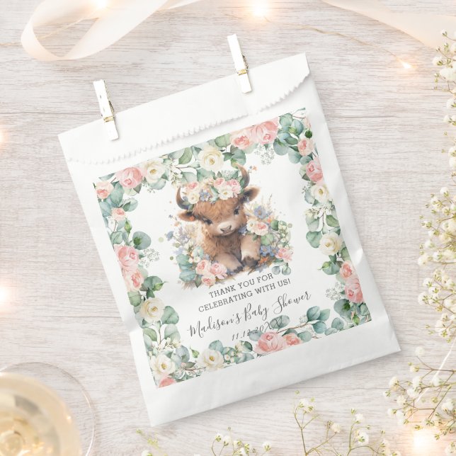 Floral Greenery Highland Cow Baby Shower Birthday Favour Bags (Clipped)