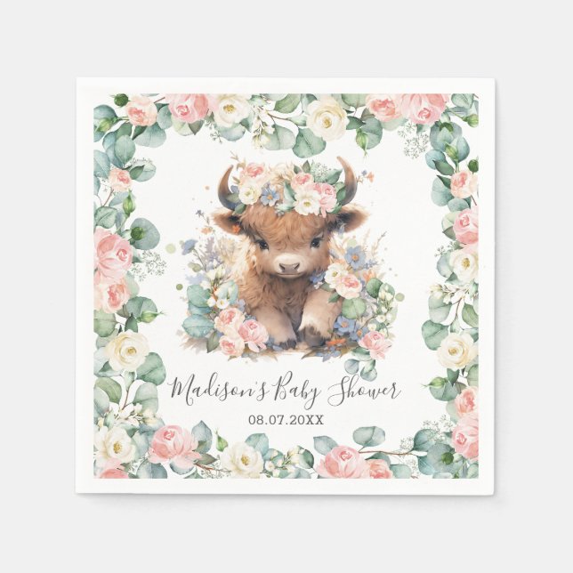 Floral Greenery Highland Cow Baby Shower Birthday Napkin (Front)
