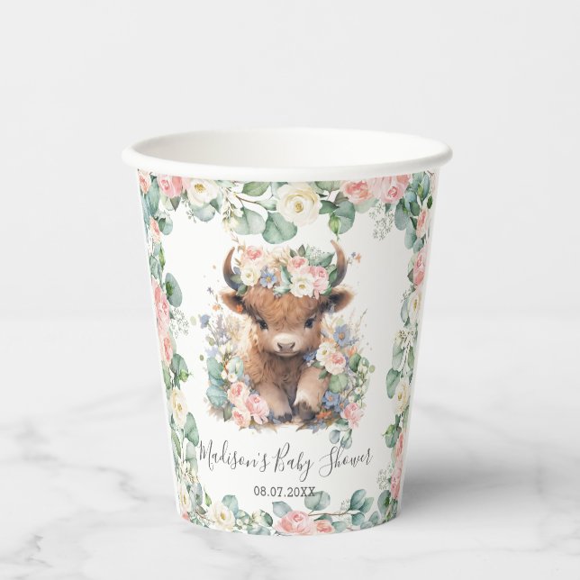 Floral Greenery Highland Cow Baby Shower Birthday Paper Cups (Front)