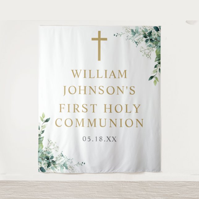 Floral Greenery Holy Communion Photo Backdrop Tapestry (Front)