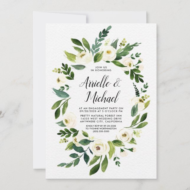 Floral Greenery Ivory Engagement Party Invitations (Front)
