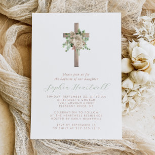 Floral Greenery Ivory Rose Gold Cross Girl Baptism Invitation