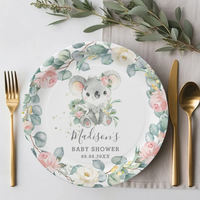 Floral Greenery Koala Baby Girl Shower Birthday Paper Plate (Creator Uploaded)