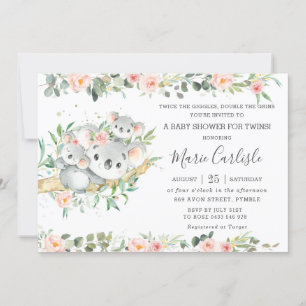 Floral Greenery Koala Twins Boy Girl Baby Shower Invitation