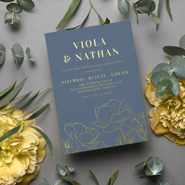 Floral Greenery Line Art Slate Blue & Gold Wedding (Creator Uploaded)