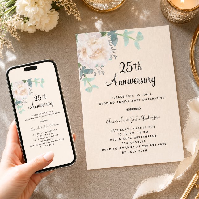 Floral greenery linen 25th wedding anniversary invitation (Creator Uploaded)