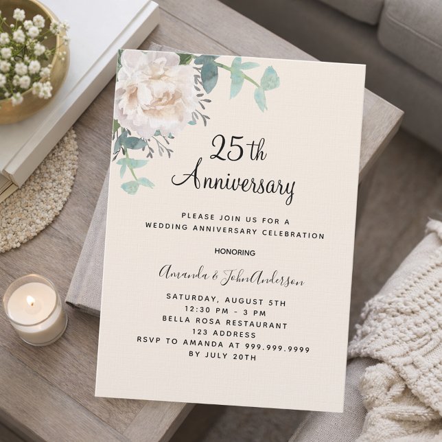 Floral greenery linen 25th wedding anniversary invitation (Creator Uploaded)