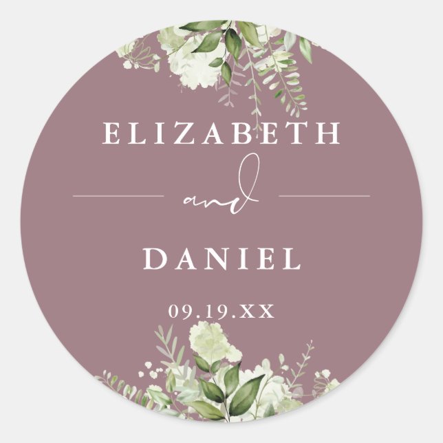 Floral Greenery Mauve Wedding Favour Classic Round Sticker (Front)