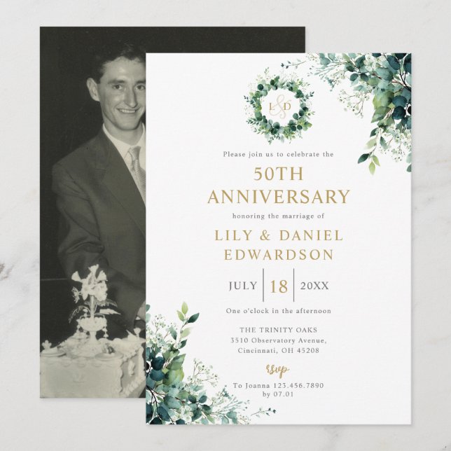 Floral Greenery Monogram 50th Wedding Anniversary Invitation (Front/Back)