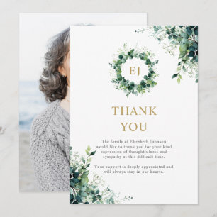Floral Greenery Monogram Celebration of Life Photo Thank You Card