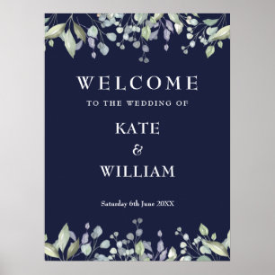 Floral Greenery Navy Blue Wedding Welcome Sign