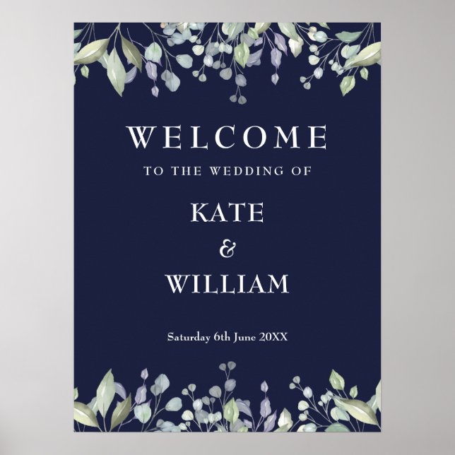 Floral Greenery Navy Blue Wedding Welcome Sign (Front)