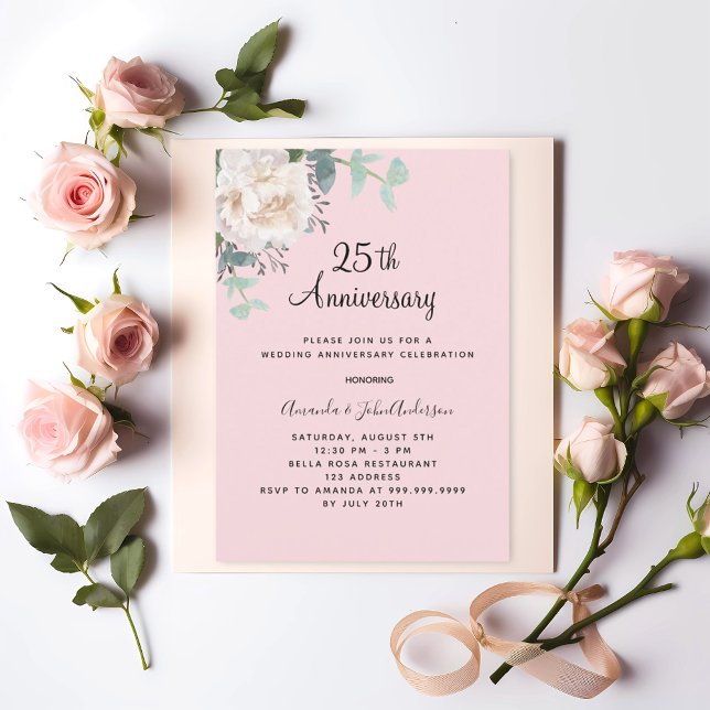 Floral greenery pink 25th wedding anniversary invitation (Creator Uploaded)