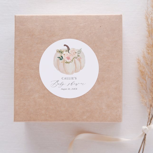 Floral Greenery Pumpkin Baby Shower Classic Round Sticker (Creator Uploaded)
