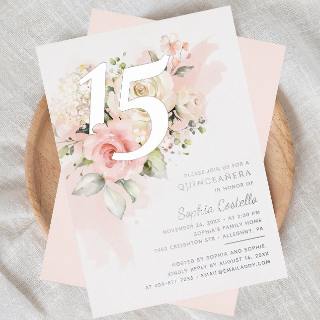 Floral Greenery Quinceanera 15th Birthday Silver (15th Birthday Pink Floral Quinceanera Party Silver Foil Invitation)