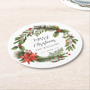 Floral Greenery Red Berries Family Christmas Party Round Paper Coaster