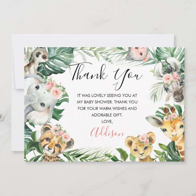 Floral Greenery Safari Baby Shower Thank You Card (Front)