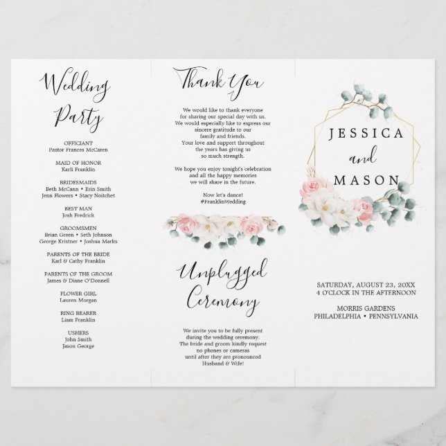 Floral Greenery Tri-Fold Wedding Program Flyer (Front)