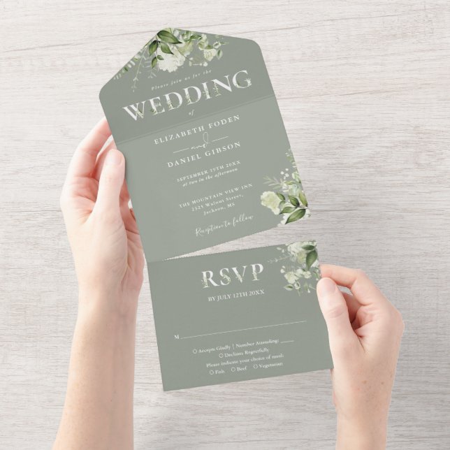 Floral Greenery Typography Sage Green Wedding All In One Invitation (Tearaway)