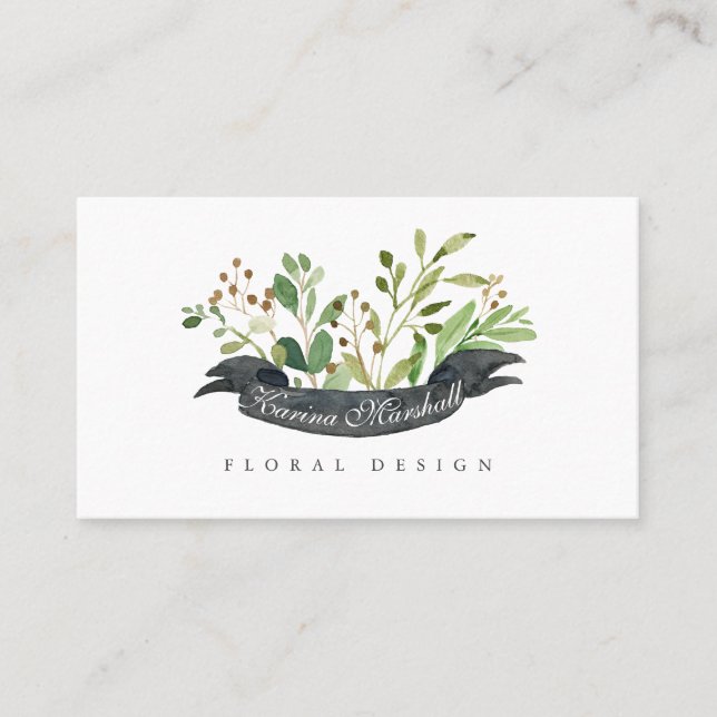 Floral Greenery Watercolor Custom Look Ribbon Business Card (Front)