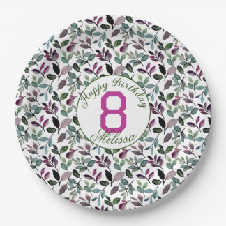 Floral Greenery Watercolor Pattern Birthday Name Paper Plate
