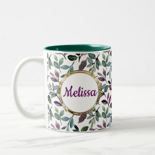 Floral Greenery Watercolor Pattern Name Two-Tone Coffee Mug