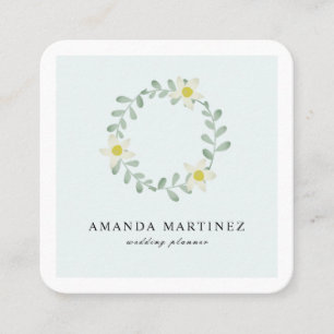 Floral Greenery Wreath Blue Square Business Card