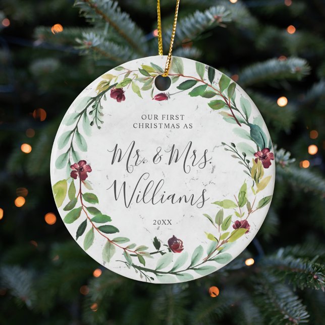 Floral Greenery Wreath Marble Our First Christmas Ceramic Tree Decoration (Creator Uploaded)