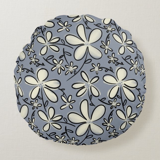 Floral Grey and Cream flower pattern Round Cushion (Front)